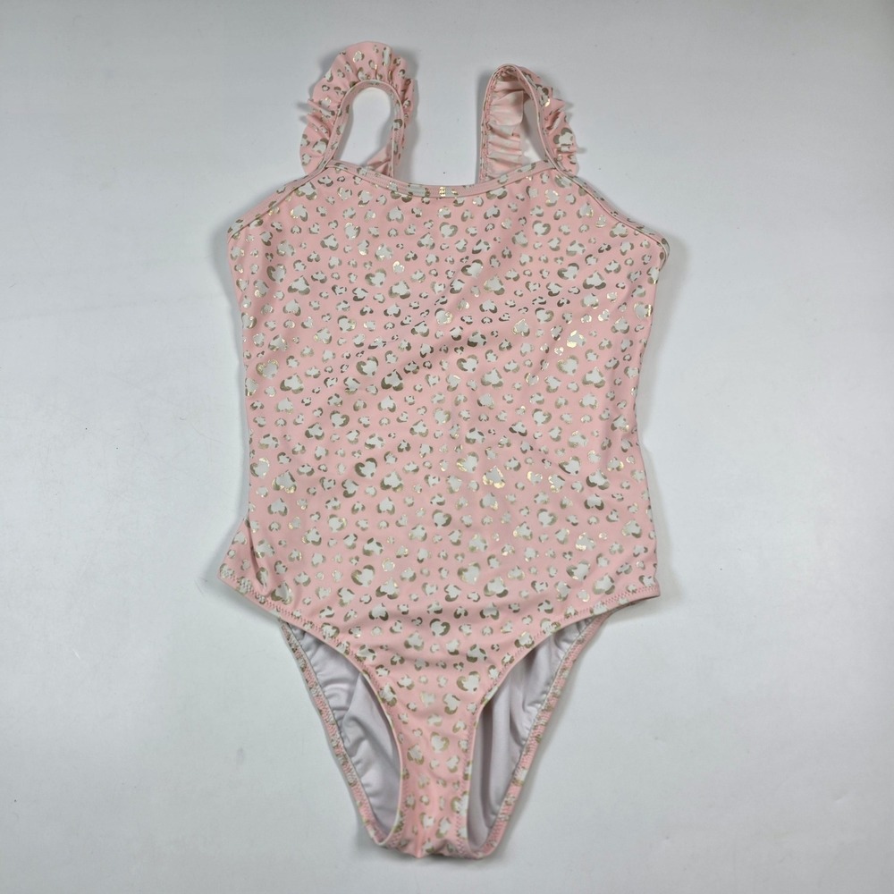 Sunuva One Piece Swimsuit Girls 13-14 Pink Metallic Gold Leopard Heart Ruffle